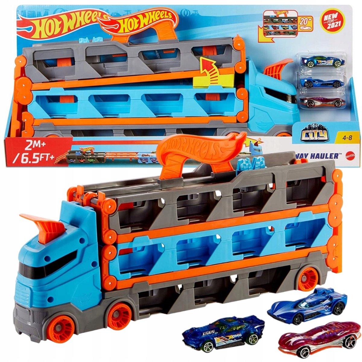 Hot Wheels Transporter 2-in-1 Racebaanset met 3 Auto's