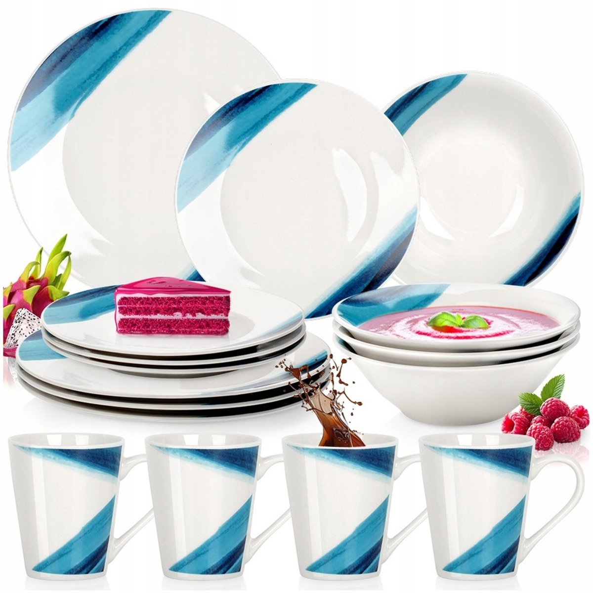 Serviesset Porselein Wit Blauw 16 Delen voor 4 Personen
