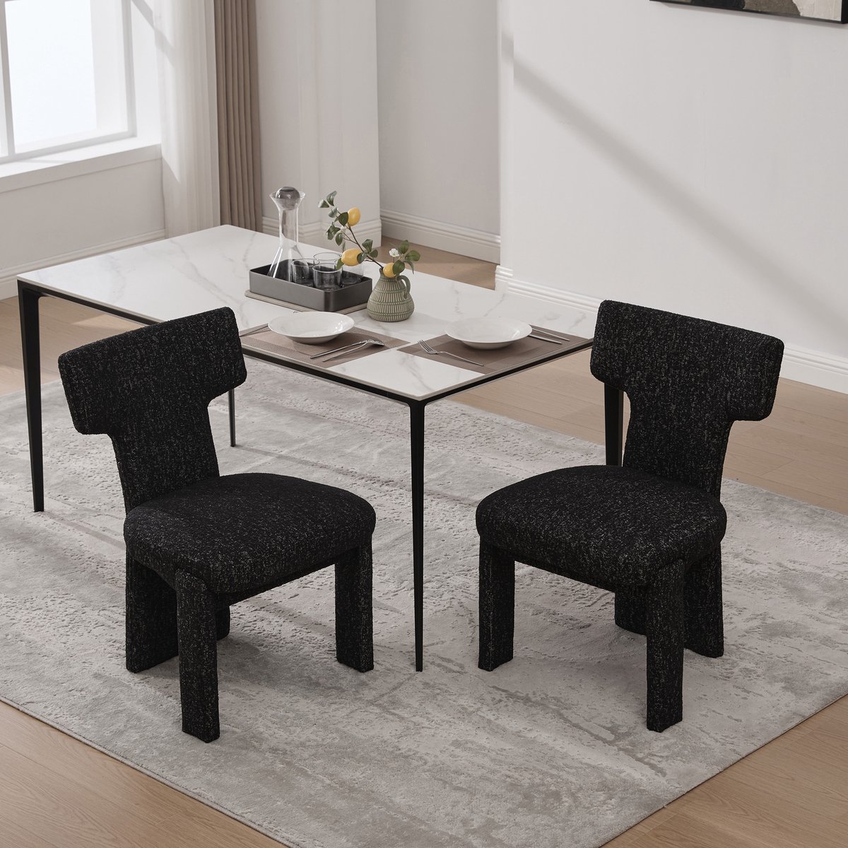Clruro Eetkamerstoelen - 2 Stuks - Gebogen Rug zonder Armleuningen - Chenille en Hout - Zwart/Grijs