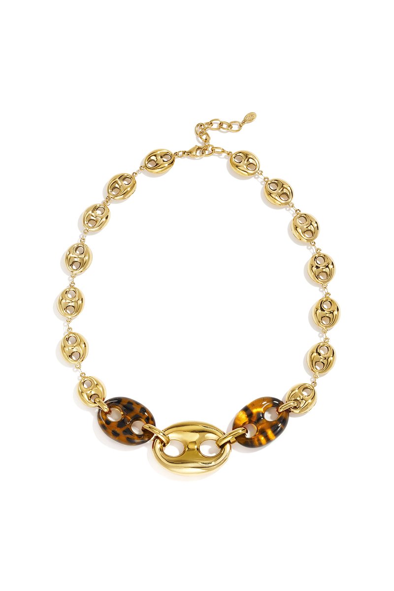 Ketting met Geometrische Acrylelementen – Schakelketting met Acryl – RVS - Amber
