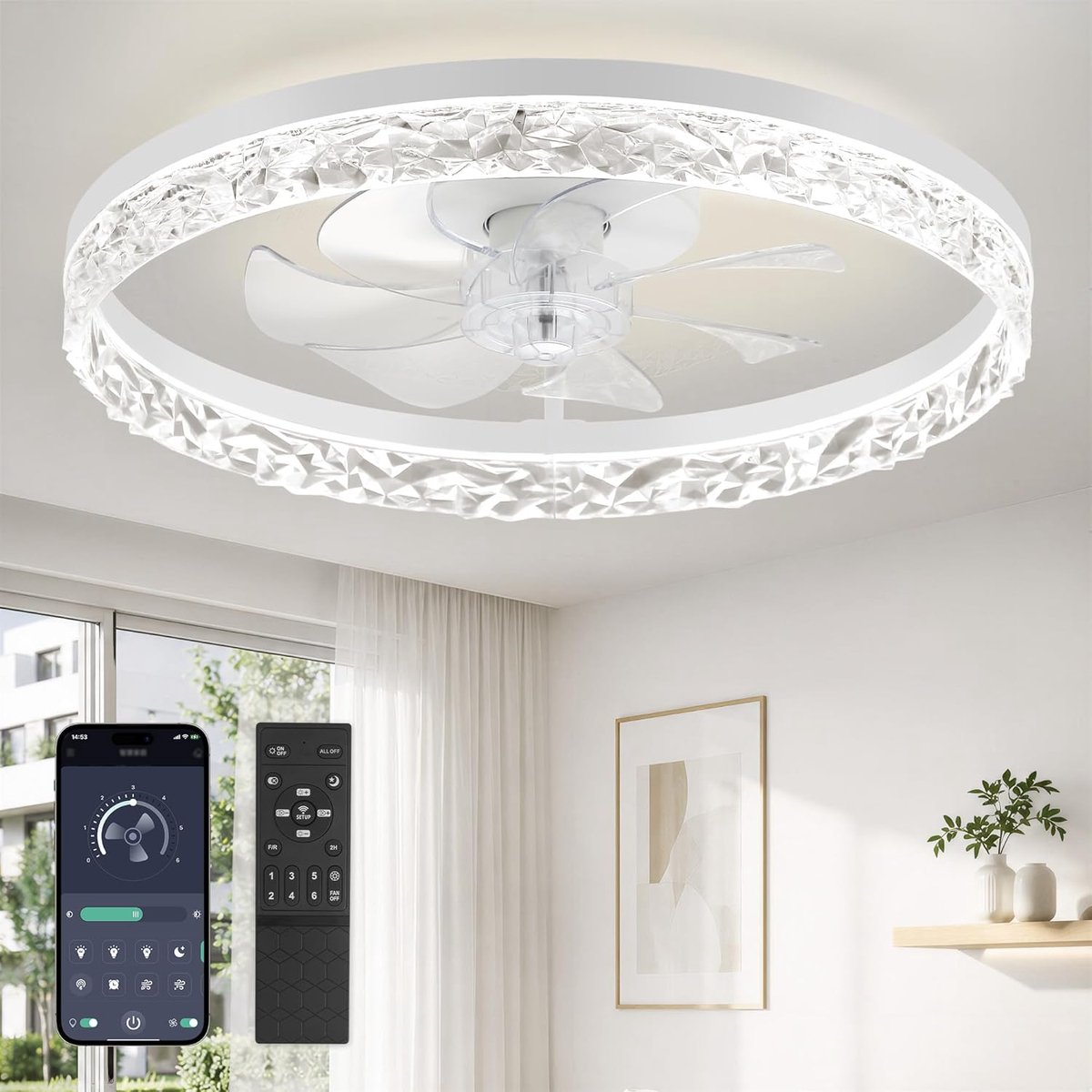 Plafondventilator met verlichting stil dimbaar LED plafondventilator 6 snelheden timer afstandsbediening 50,8 cm wit