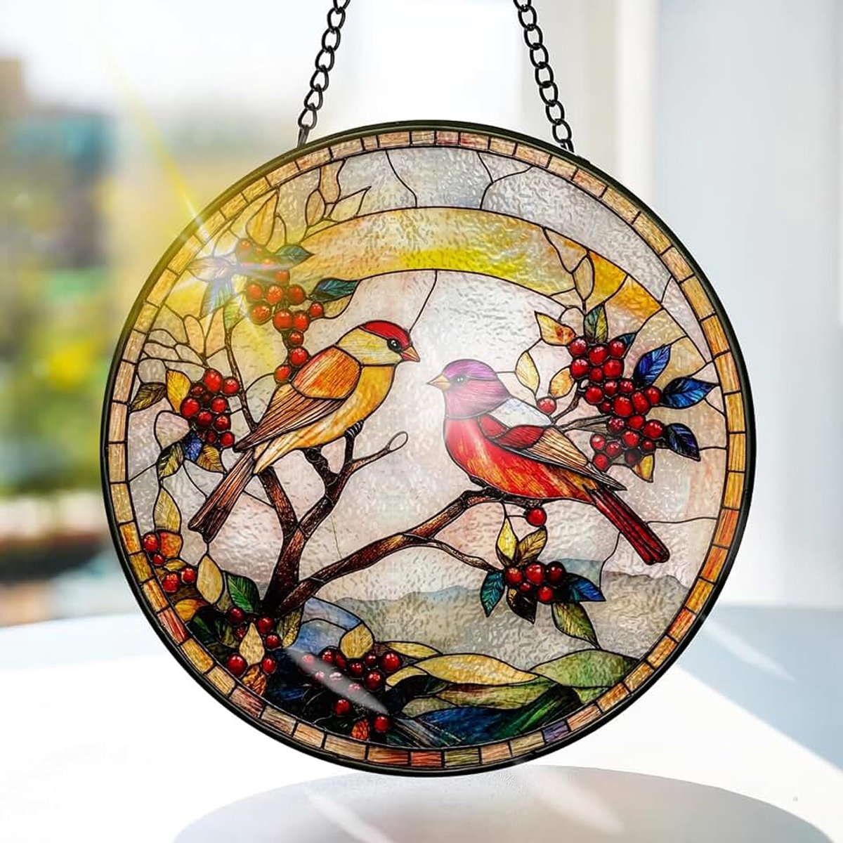 Rode Kardinaal Gekleurd Glas Hangend - Dier Hangende Raamdecoratie - voor Tuin, Raam en Deur, Verjaardag voor Vrouwen, Handgemaakte Suncatcher Decoratie 20x20 cm