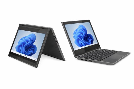 Twee grijze Lenovo 300E laptops, één in tentmodus, beide met Windows 11 op het scherm.