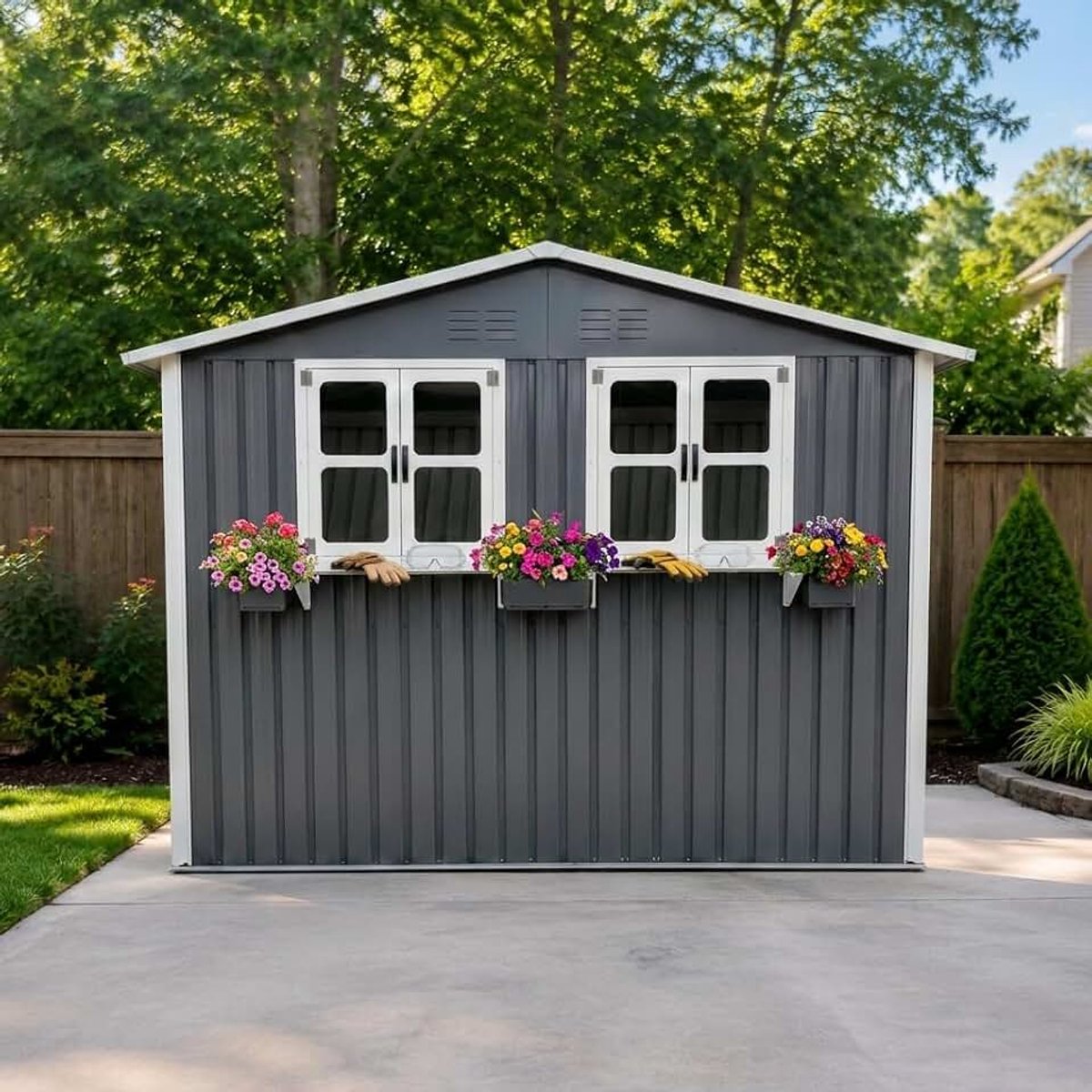 Tuinhuis van verzinkt staal, 4,33 m², 276 x 182 x 198 cm, gereedschapsschuur met 2 ramen, afsluitbare dubbele deuren en bloemenrek, weerbestendig gereedschapsschuur grijs (grijs, 1,8 x 2,7 m)