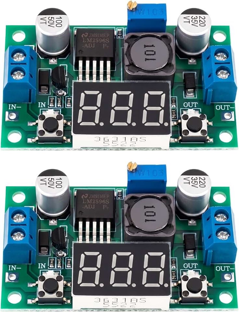 2 stuks DC-DC step-down spanningsregelaarmodule, 4-40 V naar 1,25-37 V, instelbaar, tot 2 A (groen)