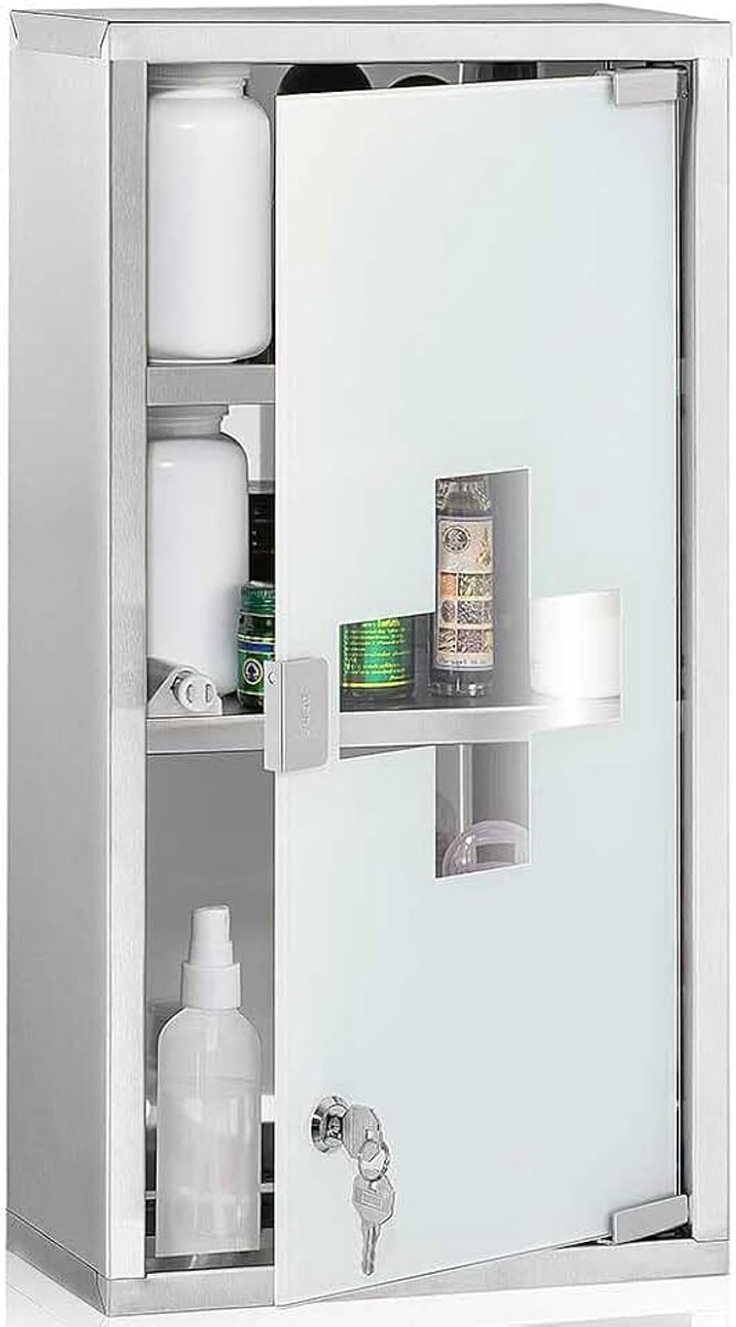 Geneesmiddelenkast wandkast van roestvrij staal en gesatineerd glas, zilverkleurig, met dubbele veiligheidssleutel met magneetsluiting (50,5 x 30 x 18 cm)