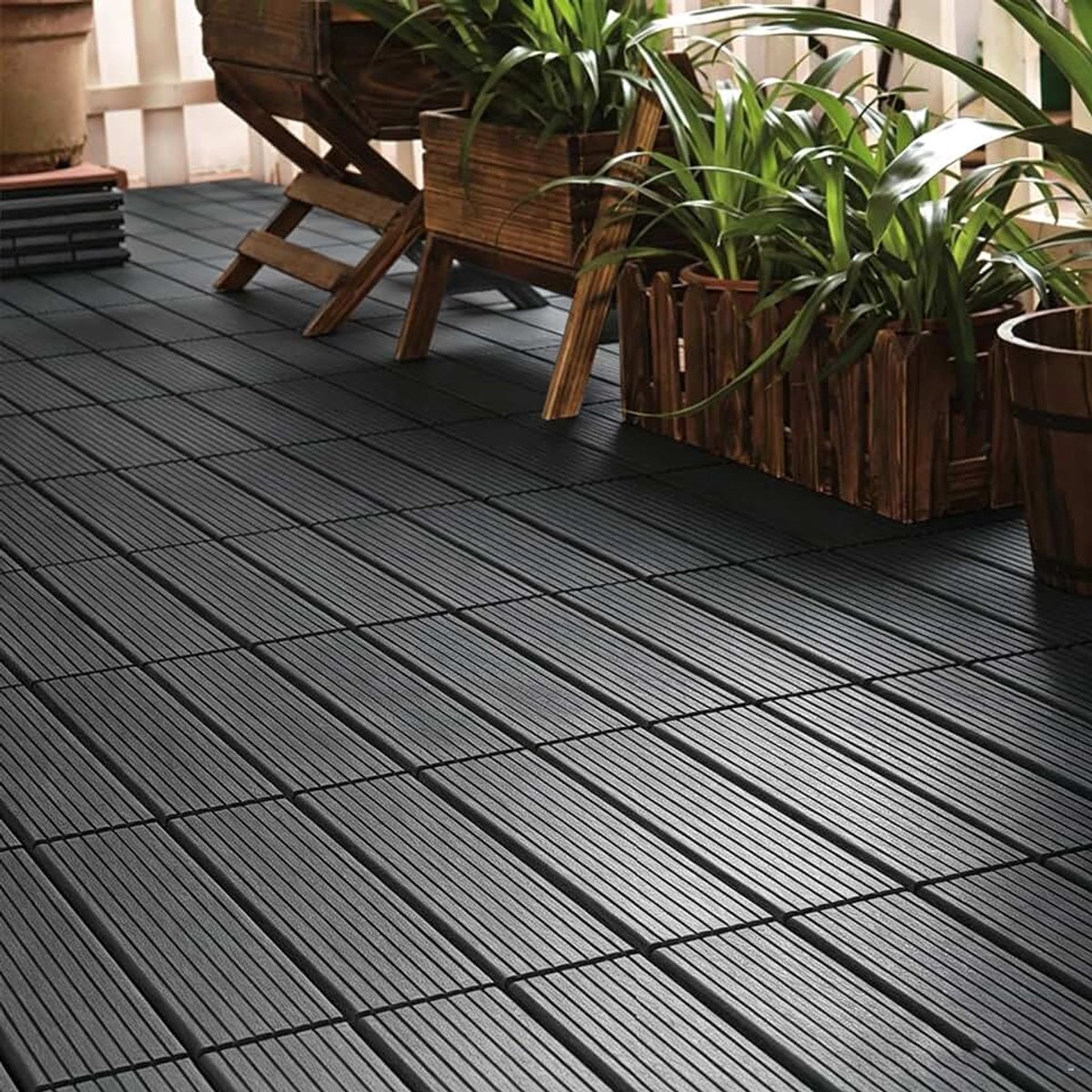 Terrastegels, 30 x 30 cm, houtlook, kliktegelplaten met plastic drainagenet, weerbestendige balkontegels, set van 11 vloerbedekkingen voor 1 m², buiten, balkon, terras, tuin, vijver