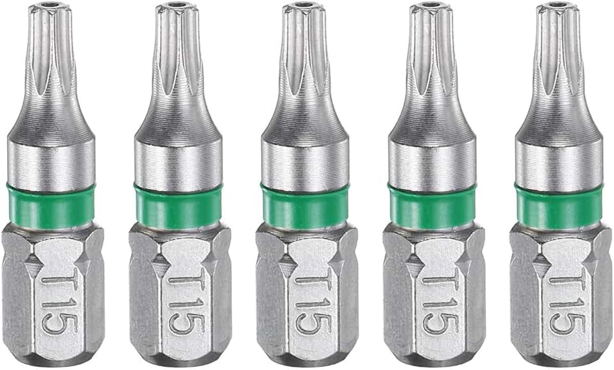 5 stuks Torx-schroevendraaierbit T15H 1/4 inch zeskantschacht 25 mm lengte magnetische ster 6-punts kop zespunts kop zeskantbits S2-staal elektrische schroevendraaierbit met gat torx-kop