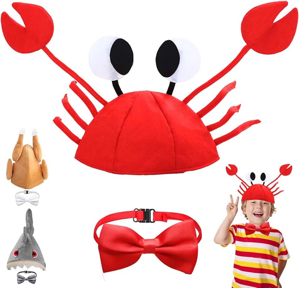 2 stuks grappige hoeden, dierenhoed, verstelbare vlinderdas, grappige kostuums, geschikt voor volwassenen kinderen jongens meisjes, Halloween, carnaval