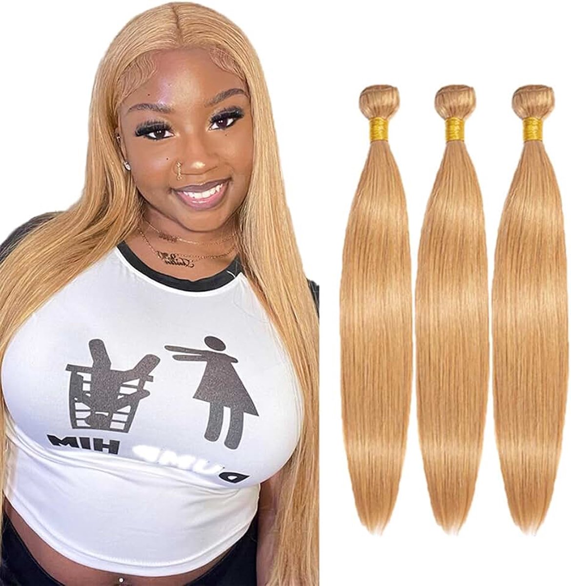 Human Hair Bundles Honey Blonde #27 Color Unprocessed Human Hair Extensions Double Weft Weave 3 Bundles 50g/Piece for Woman 16 18 20 Inch