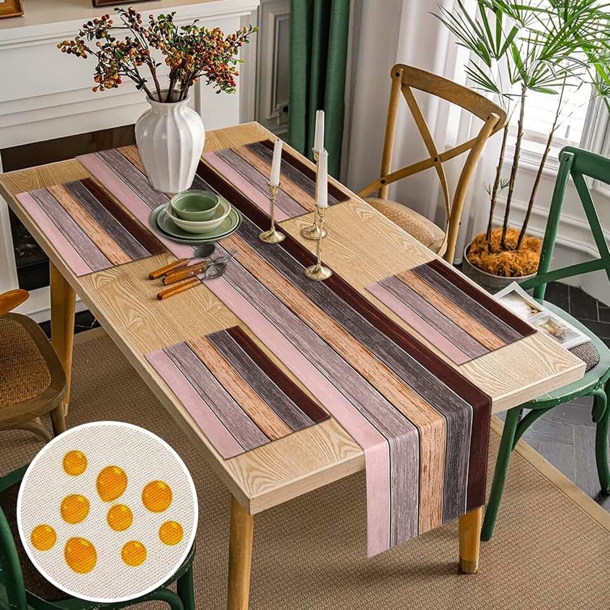 Tafelloper, modern, woonkamer, 40 x 140 cm en 4-delige set, afwasbaar, bruin en grijs, linnenlook, tafelloper, vintage, landelijke stijl, tafelloper, outdoor, weerbestendig, placemat