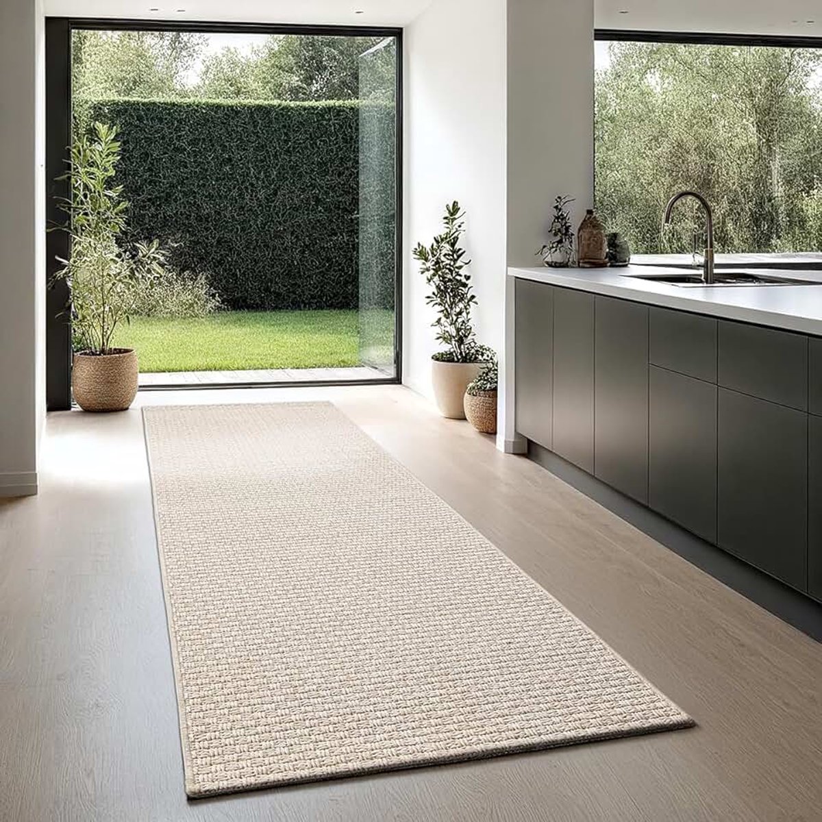 The carpet Tempa – Duurzaam outdoor tapijt met Boho- en Vintage-design, weerbestendig en onderhoudsvriendelijk, voor balkon, terras & tuin, Beige, 80 x 250 cm