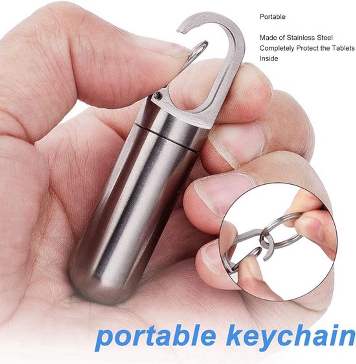Roestvrijstalen pillendoosje met noodsleutelhanger - mini pilhouder - medicijnorganisator.