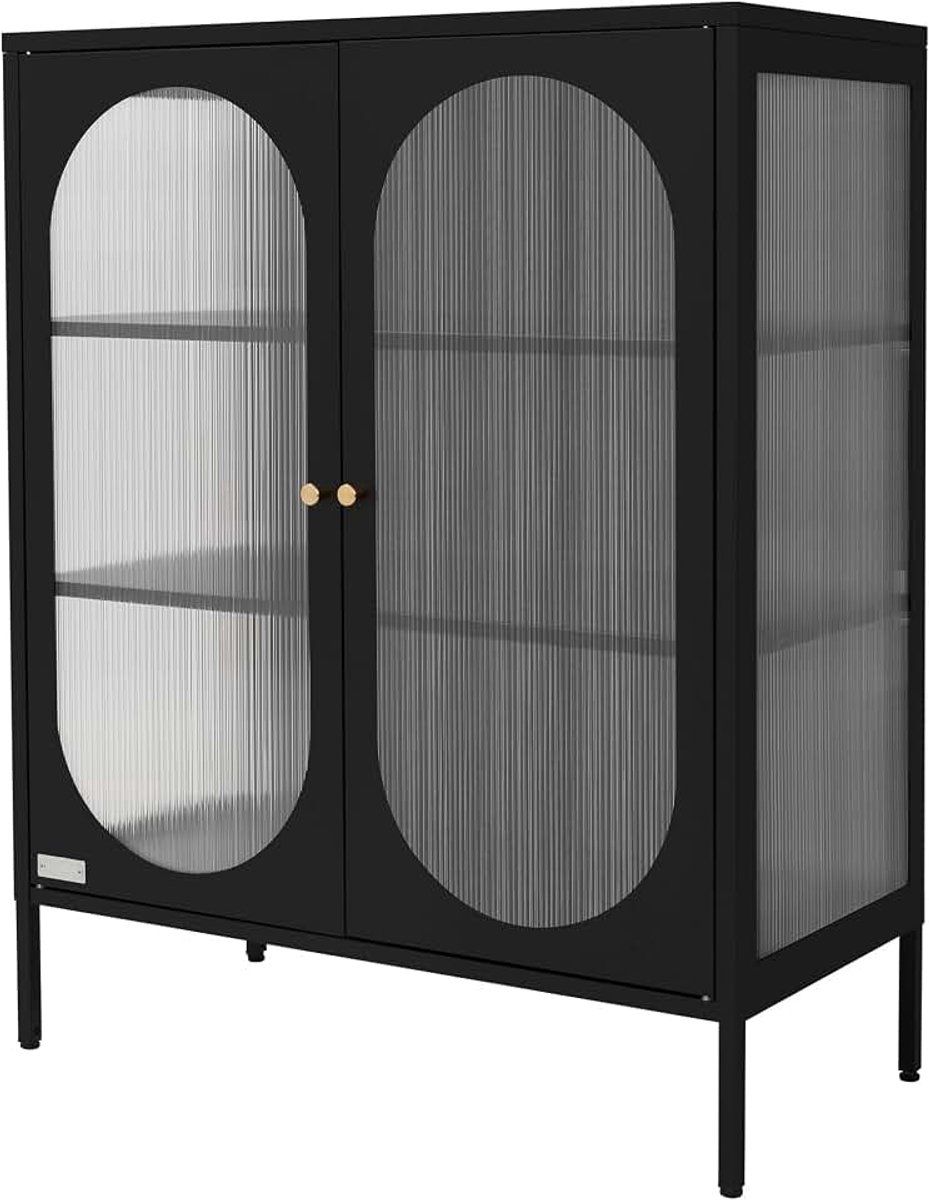 Vitrinekast 80 x 102,5 x 40 cm zwart kast met 3 planken en 2 deuren metalen meubel van staal voor de woonkamer industrieel design opbergkast boekenplank archiefmeubel ladekast vloerkast