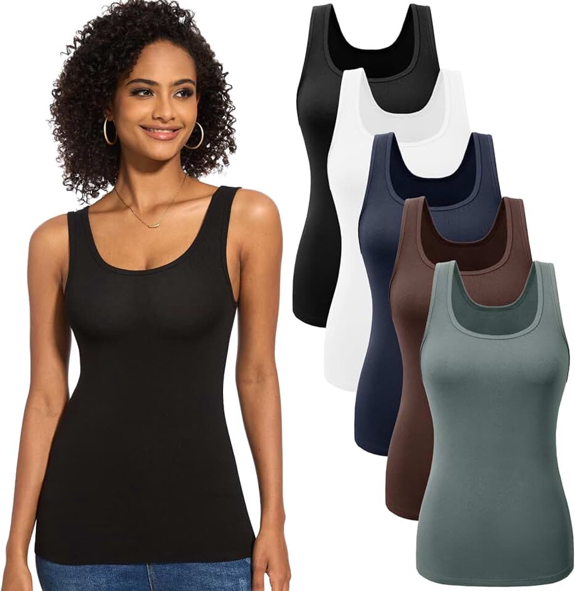 Set van 3 of 5 onderhemden voor dames, basic tanktop met U-hals, mouwloos, elastisch, slimfit, bovenstuk, effen, voor vrouwen en meisjes