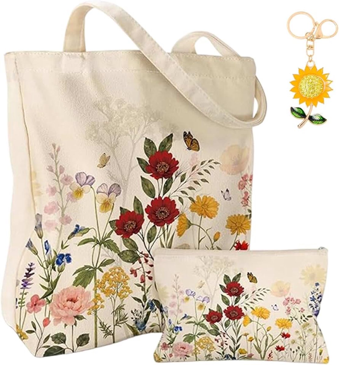 Handtas van katoen met natuurlijke bloemenpatronen met cosmeticatas en sleutelhanger in zonnebloemvorm, boodschappentas met lange hengsels, voor dames, werk, reizen, fitness