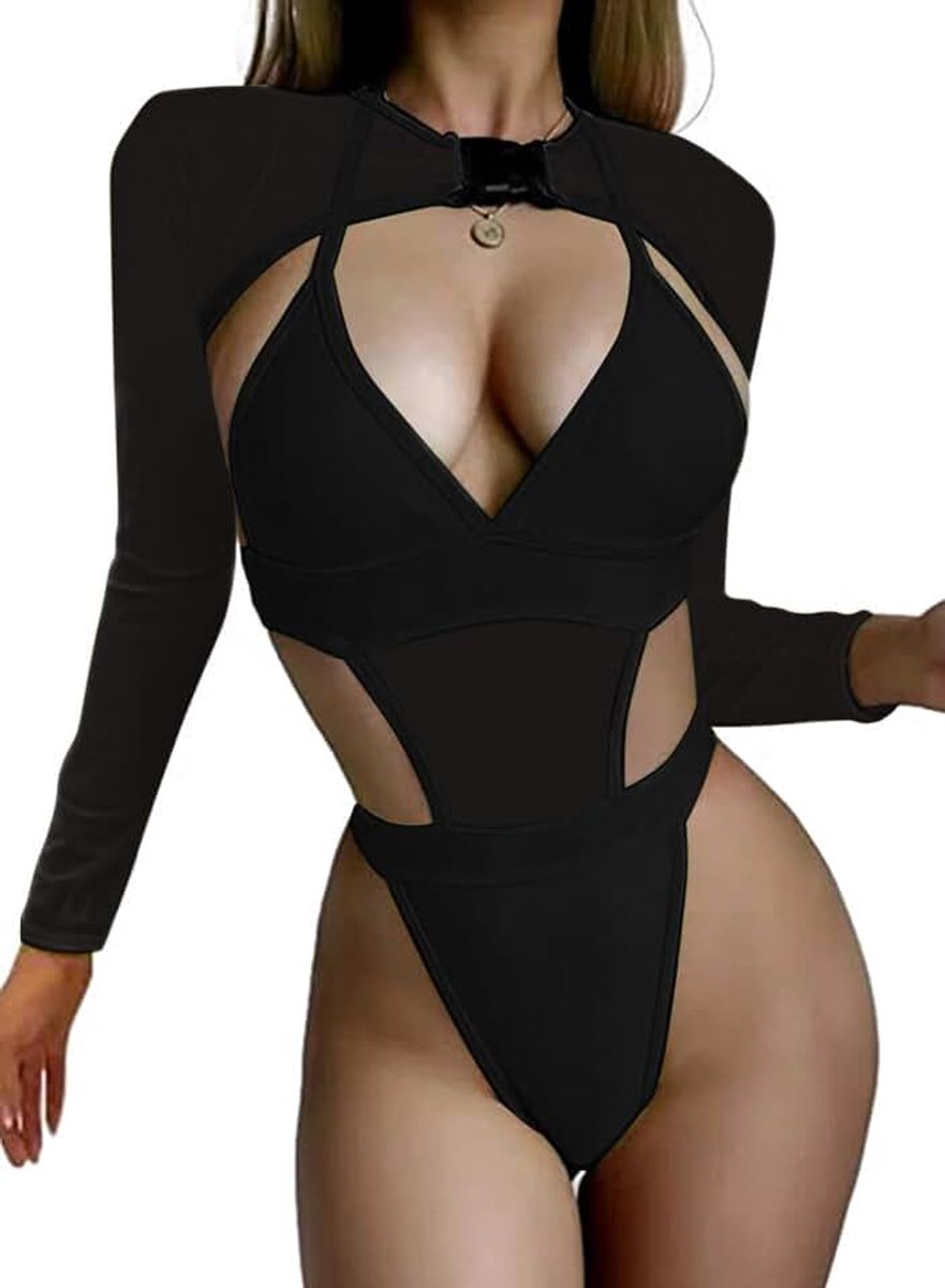 2 Stuk Vrouwen Rave Outfits Neon Bodysuit Crop Top Lange Mouw Badpakken Mesh Shrug Met Gesp Voor Festival Club Party