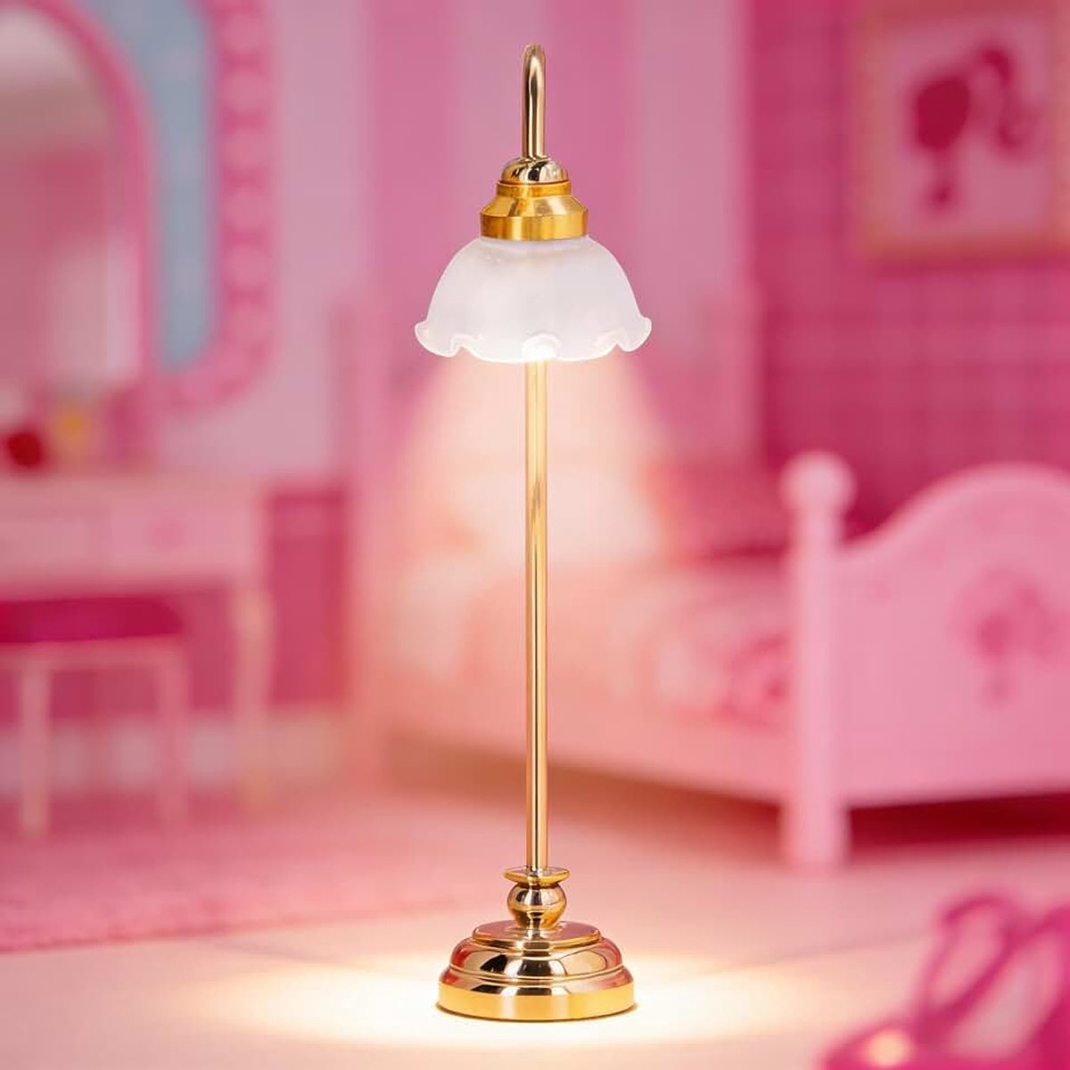 Miniatuur Poppenhuis Vloerlamp, Klassiek Miniatuurmeubilair op Schaal 1/12 voor Poppenhuis, Slaapkamer, Woonkamer, Kantoordecoratie en Accessoires met Knoopcelbatterij