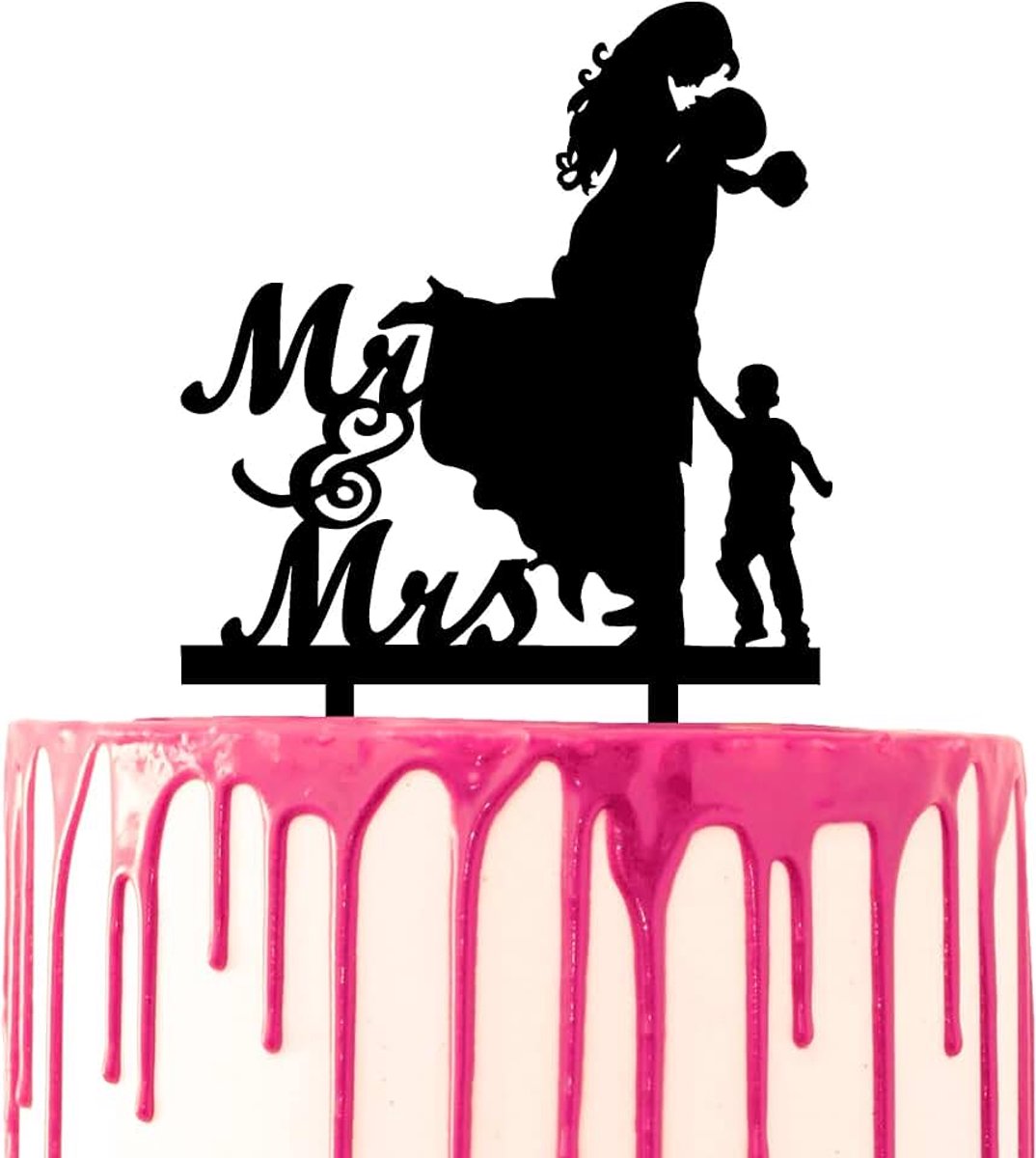 Taart topper decoratieve bruiloft acryl stuk bruidegom pakt bruid met een kind aan hun zijde