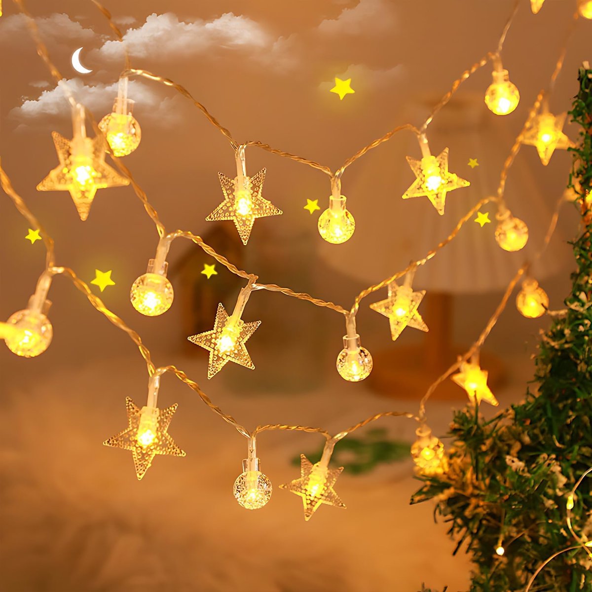 Lichtsnoer met sterren en bollen - 3 meter - 20 LED lampjes - waterdicht met batterij en timer voor buitengebruik - SnelShoppen