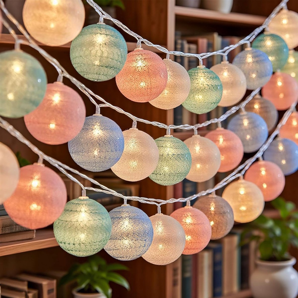 Katoenen macaron bollen lichtketting 3 m - 20 leds - op batterijen - sfeervol voor binnen en buiten - SnelShoppen