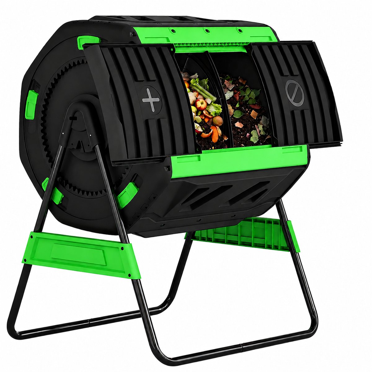 Bruinsma INEX Compostbak Buiten - Compostbakken - Compostmaker - Dubbele Kamer - Roterend 360° - 200L - 94Lx67Bx98H CM - Groen - Zwart