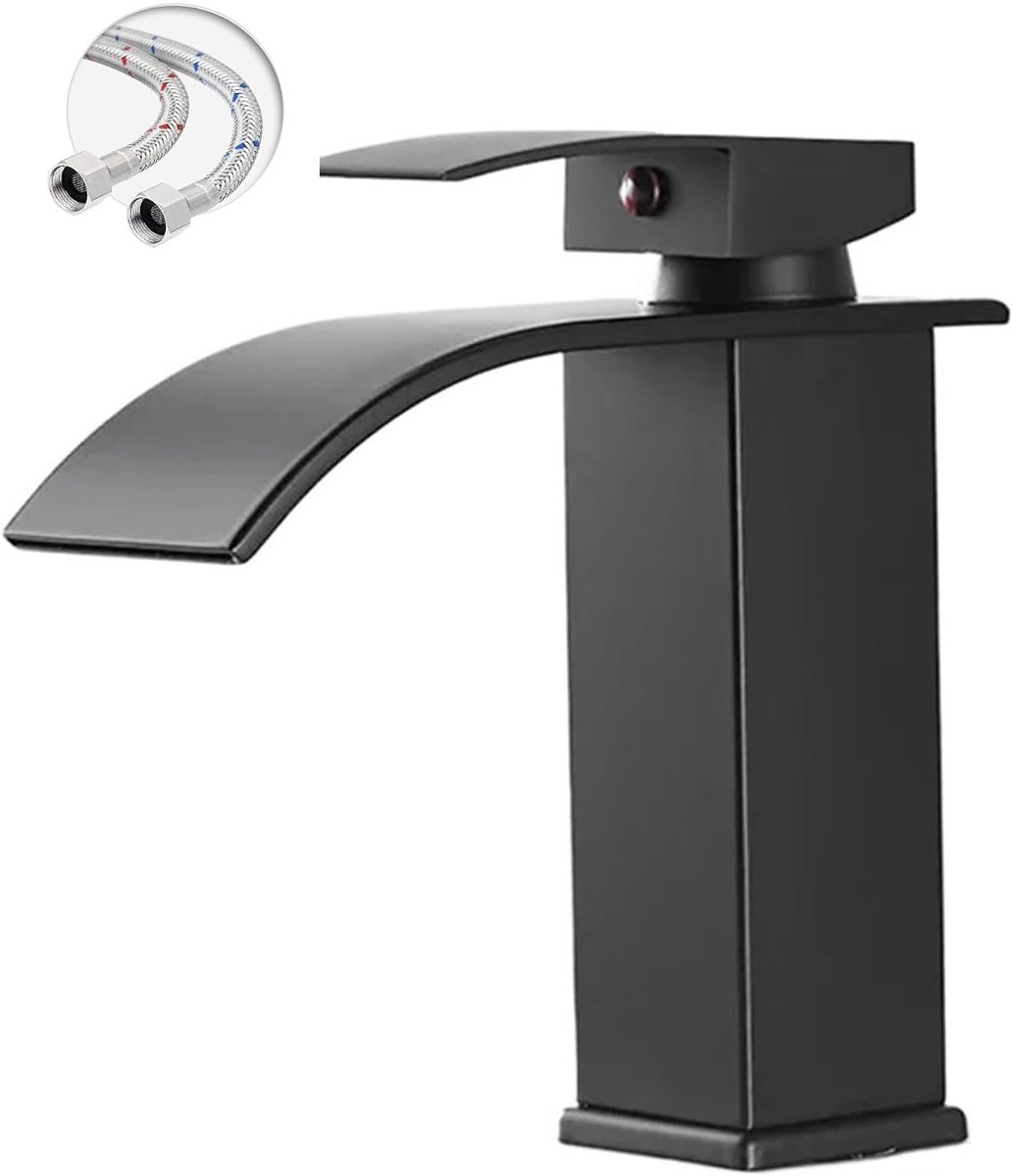KZQ Waterkraan Badkamer Wastafelkraan Modern Badkamerkraan Wastafelmengkraan Waterval Badkamer Kraan Eengreepsmengkraan Warm En Koud Verstelbare Wastafelarmatuur - Laag Model - Zwart Gebogen - Incl G3/8 Slangen