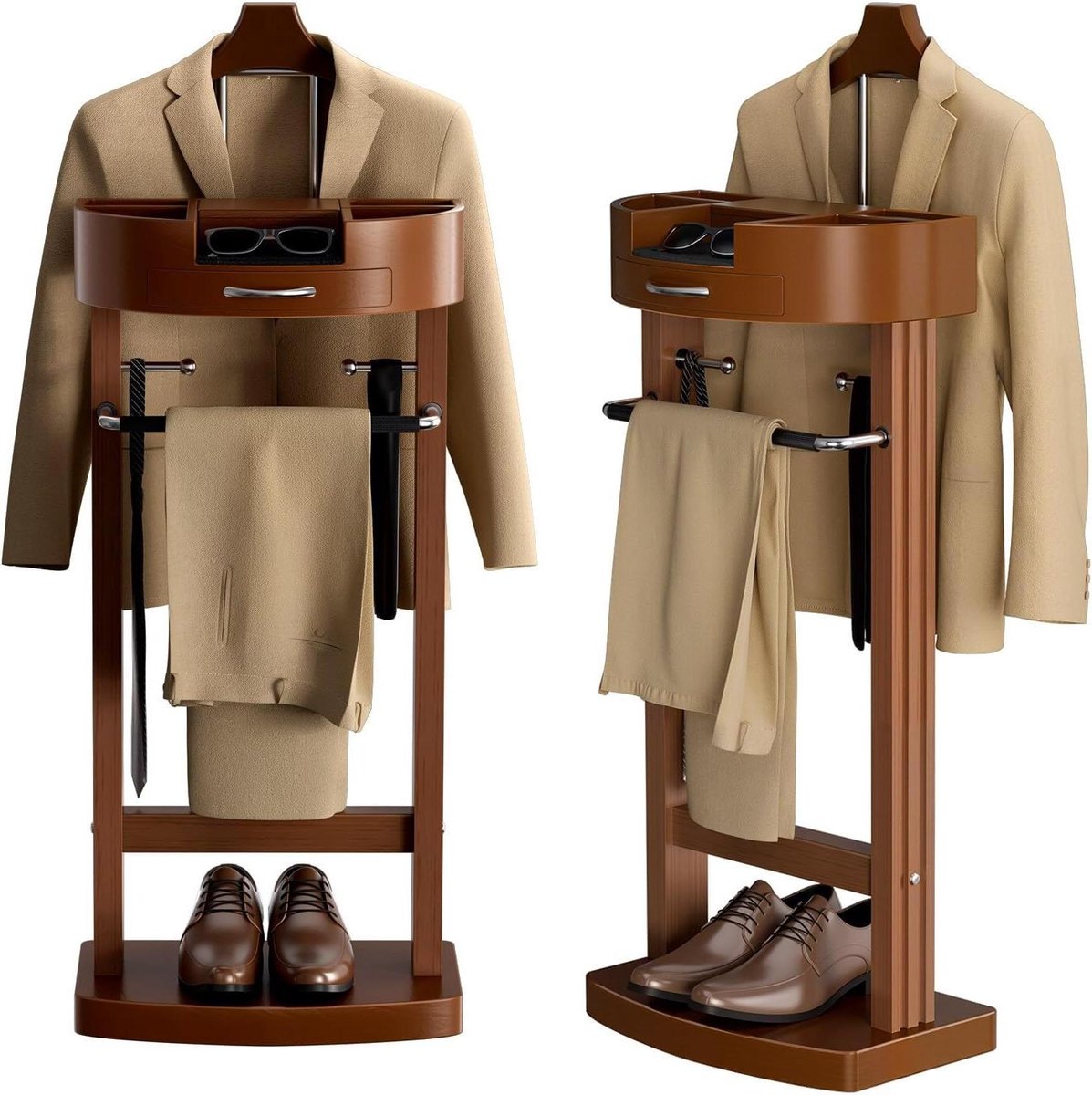 Houten kledingrek - Pakkenstandaard organizer - Kleding opbergen - Met lade en schoenenrek - Stevige voet - Houtkleur