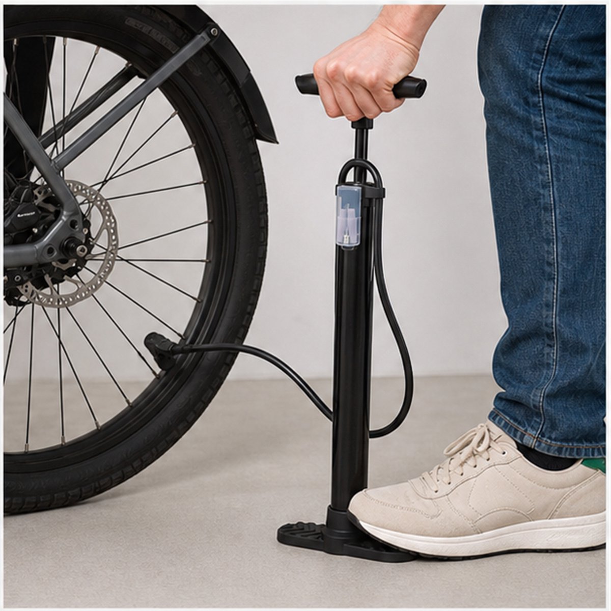 Compacte Fietspomp 45 cm - Vloerpomp met 55 cm Slang en Adapters - Zwart