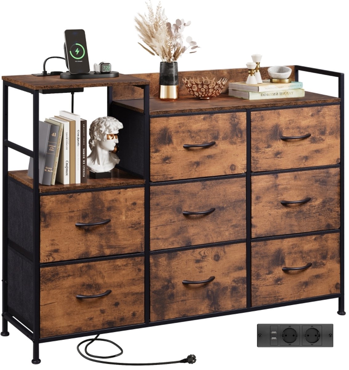 Ladekast met 8 Lades - Ingebouwd Stopcontact en USB-poorten - Opbergkast voor Slaapkamer en Woonkamer - 120 x 30 x 86 cm - Bruin