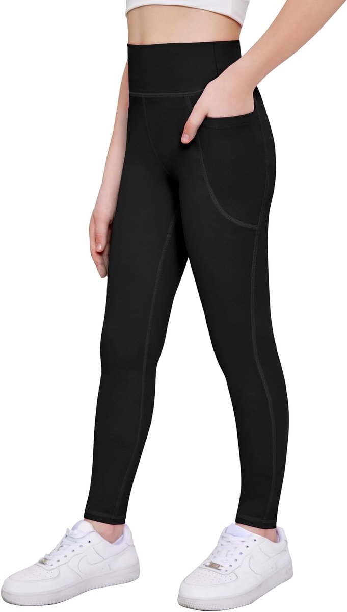 Meisjeslegging voor kinderen, lange sportlegging, effen, hoge taille, sportbroek, basic, elastische leggings, joggen, training, yogabroek met zakken, 5-14 jaar