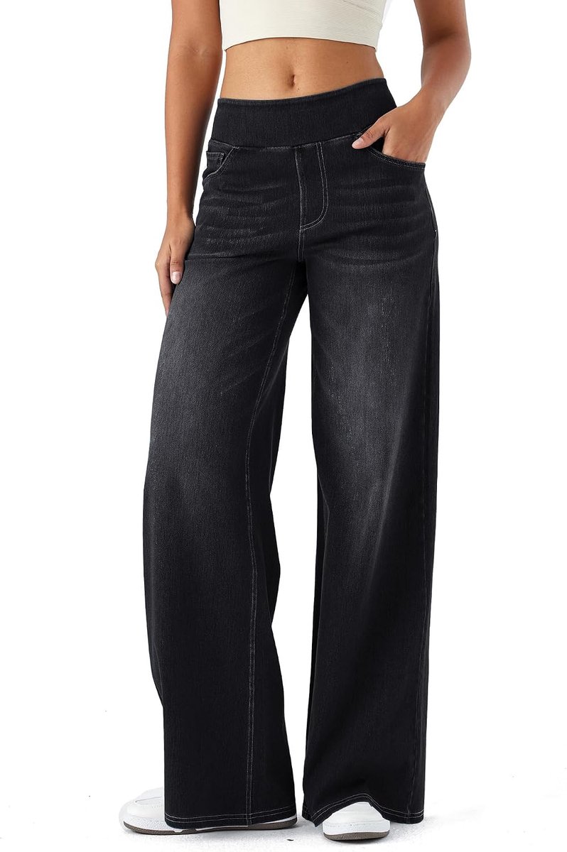 Dames Jeans Broek met Wijde Pijpen,Baggy Denim Broek hoge taille en Meerdere Zakken, Rechte Buis, Losse Pasvorm, Hoge Elasticiteit Casual Vrouwen Jeans Met