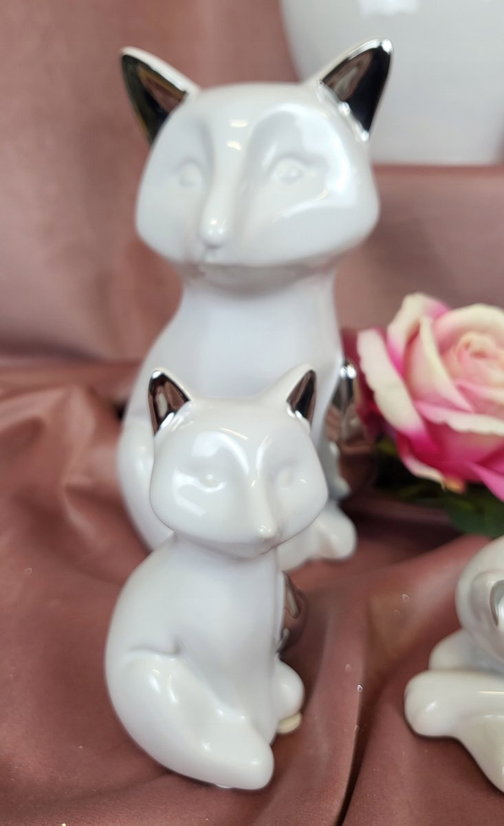 Keramieken Vos Figuur Wit Zilver - Stijlvolle Woondecoratie
