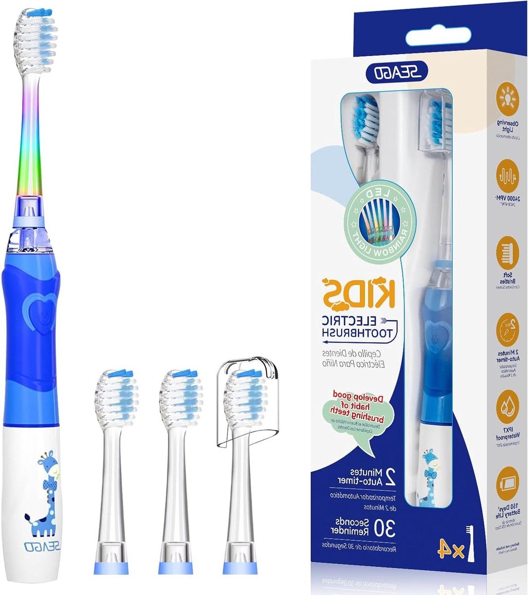 Elektrische Kinder Tandenborstel - Sonische Tandenborstel - Dagelijkse Mondhygiëne - Met Vrolijk Kleurlicht - 4 Borstelkoppen - Blauw