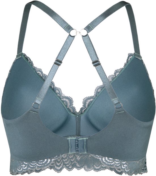 Achterkant blauwe kanten bralette met sluiting en gekruiste bandjes.