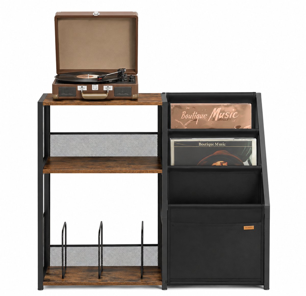 Loushops - Bijzettafel - Platenspeler meubel - Platenspeler kast - Vinyl kast - 3 Verdiepingen - 30 x 81 x 69 cm - Hout - Staal