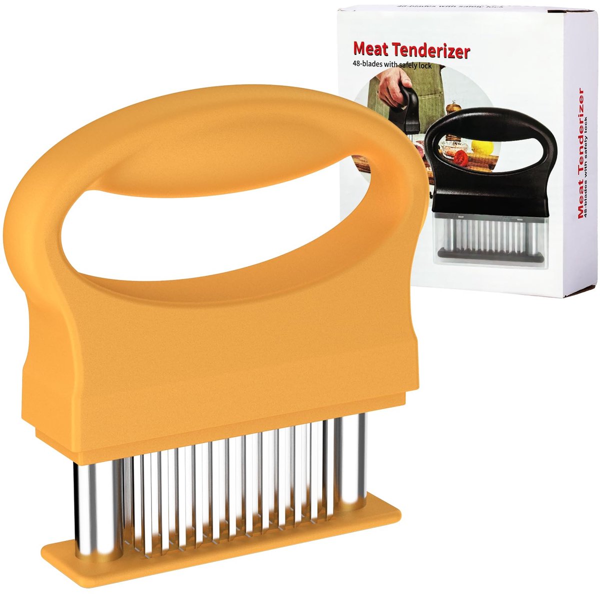 Vleesvermalser met 48 roestvrijstalen naaldmessen, vleeshamer met antislip handvat voor rundvlees, varkensvlees, kip, kalkoen, vis, geroosterd vlees ossenhaas, malsmakende biefstuknaald, geel