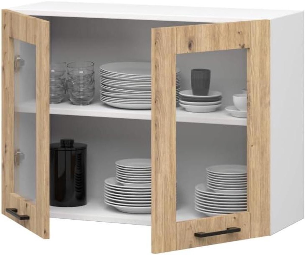 Keuken Hangkast - Wandkast Keuken - Keuken Organiseren - Gehard Glazen Deur - 80x305cm - Wit Eiken