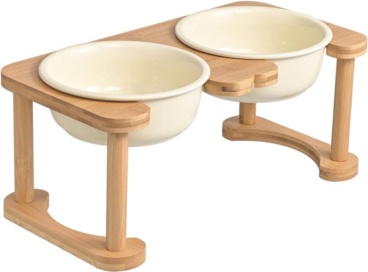 Voederstation Honden - Verhoogde Hondenbak - Gezond Eten - Keramiek met Houten Standaard - 1600 ml Capaciteit - Beige