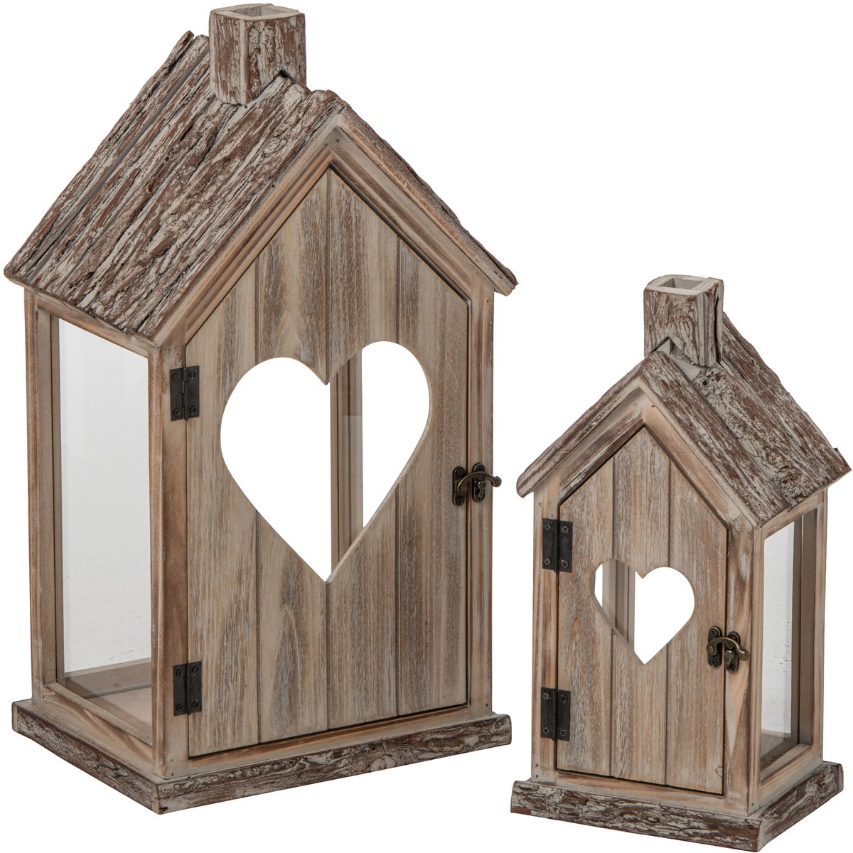 J-Line Lantaarns met hart - dennenhout - beige - set van 2