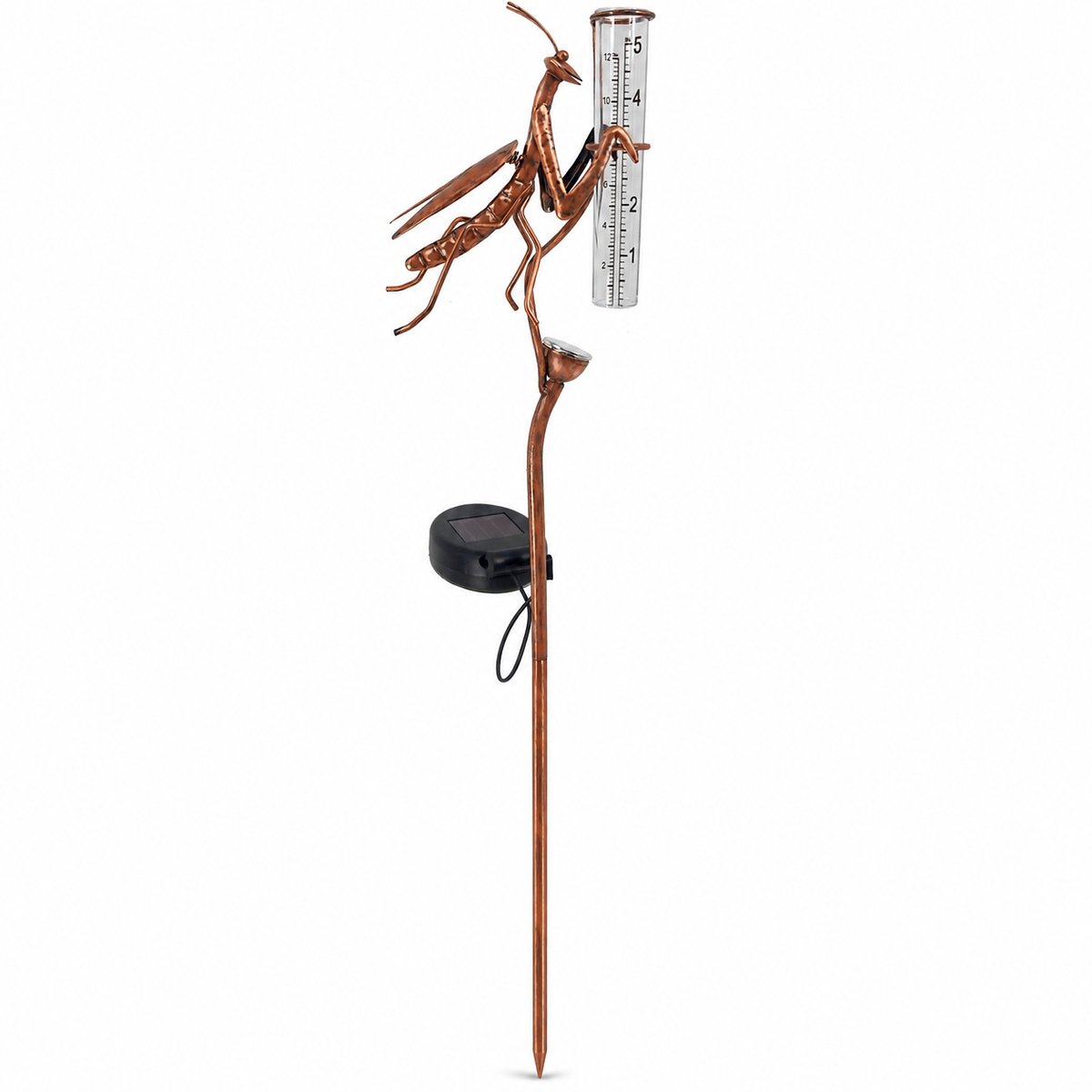 Regenmeter - Solar Regenmeter op Zonne-energie - Glazen Vorstbestendige Regenmeter met Metalen Grondpen en LED Verlichting - Tuindecoratie met Bidden Sprinkhaan - 12 cm