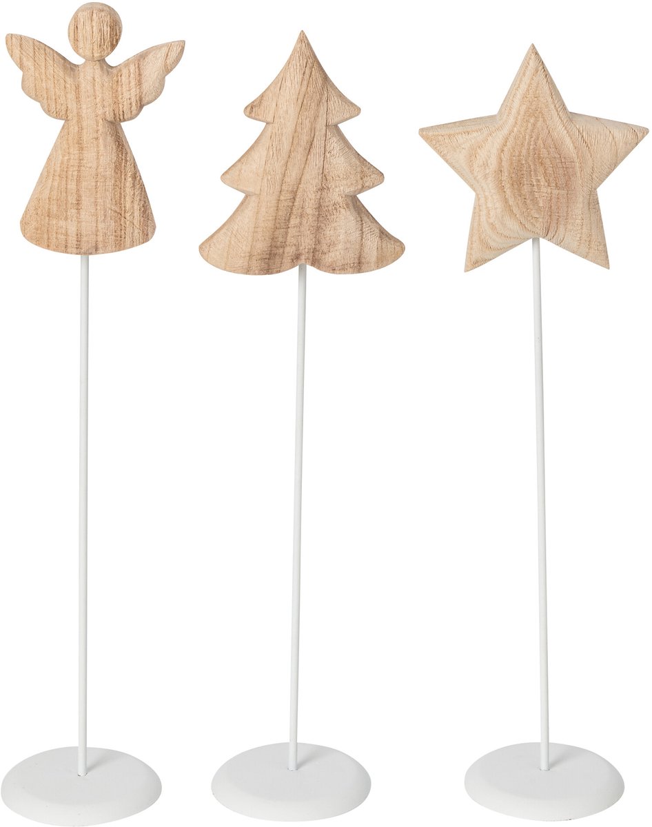J-Line Engel, boom en ster - paulowniahout - wit/naturel - small - assortiment van 3