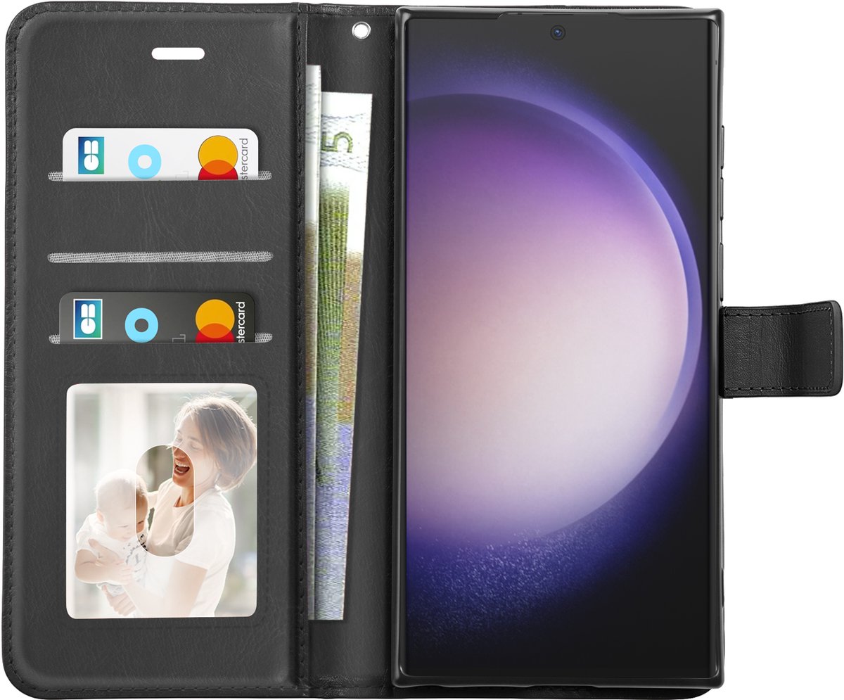 Mayaxess, Portemonnee Hoesje Geschikt voor Samsung Galaxy S23 Ultra met Polsbandje en Standaard, Zwart