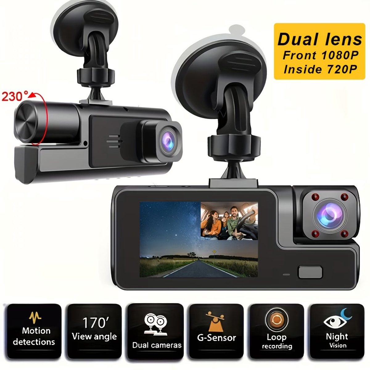 Dual Dashcam 1080P Voor- en 720P Achtercamera – Full HD Auto Camera – Loop Recording – G-Sensor – Nachtzicht – Parkeermodus