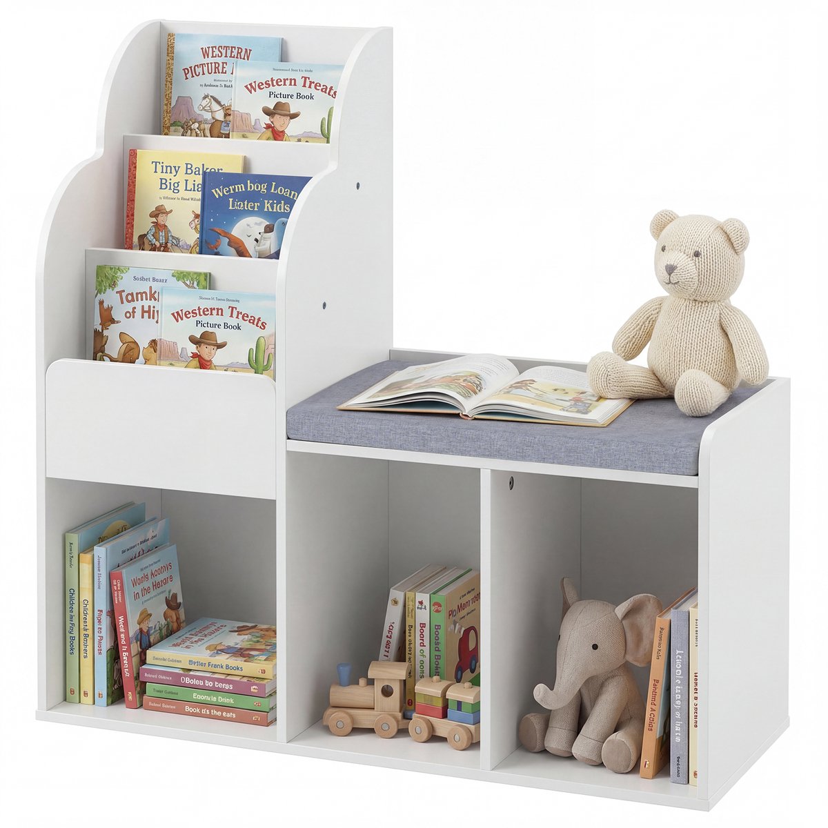 COSTWAY Kinderboekenplank met zitbank, kinderplank met 3 open legplanken, 3 vakken & verborgen opbergvak, houten kinderboekenplank, speelgoedplank kinderbanks voor de kinderkamer, wit