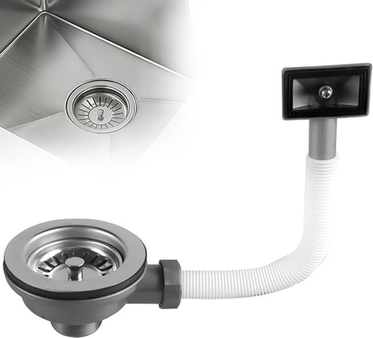 Strainer Basket en Afvoerventiel voor Keuken en Badkamer, Ø 110 mm, RVS Afvoer met Overloop en Sifon voor Efficiënte Waterafvoer