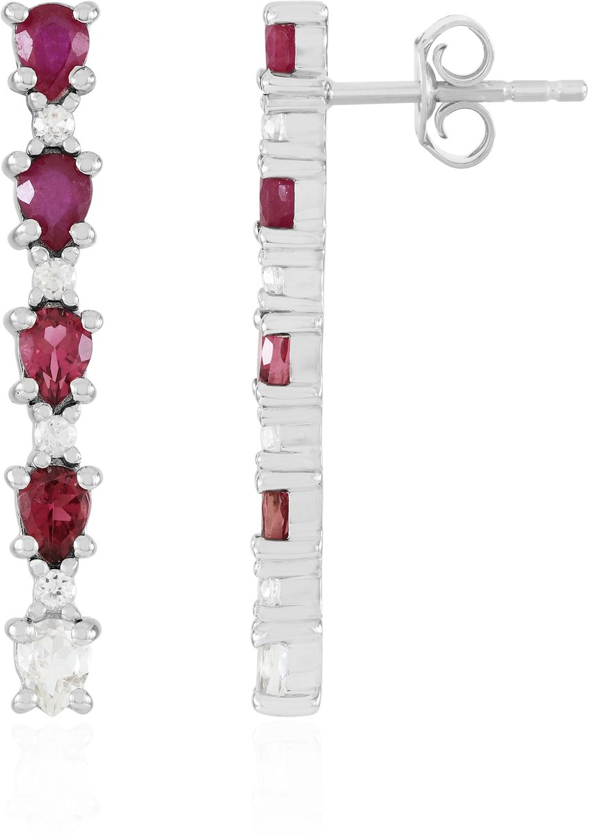 Cavill - Zilveren Oorbellen met Madagaskar Robijnen en Roze Toermalijn - 925 Sterling Zilver Platina Coating - 1,99 ct Druppel Edelsteen