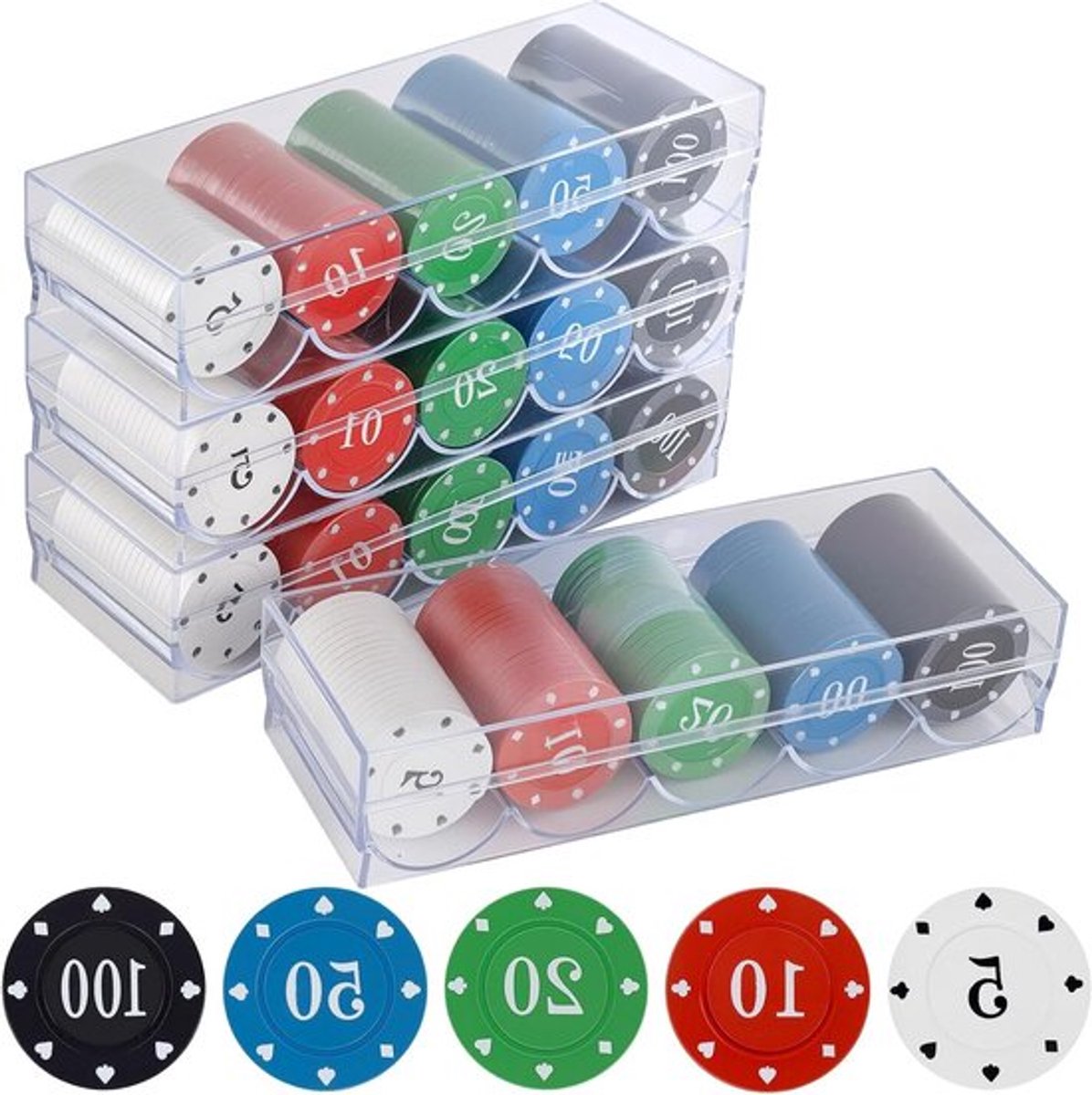 Complete Set van 400 Gekleurde Poker Chips met Acryl Doos, Ideaal voor Casino Avonden en Spelletjes Feesten