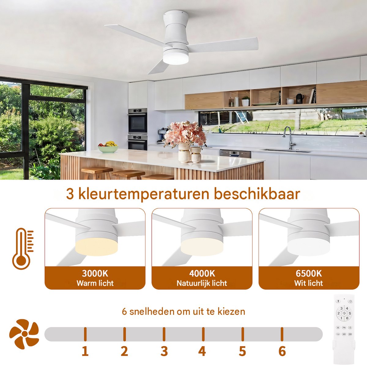 SHOPENTRA Plafondventilator met Licht 132cm Wit, Stille DC Motor, Dimbare LED, Afstandsbediening, Voor Lage Plafonds thumbnail 5