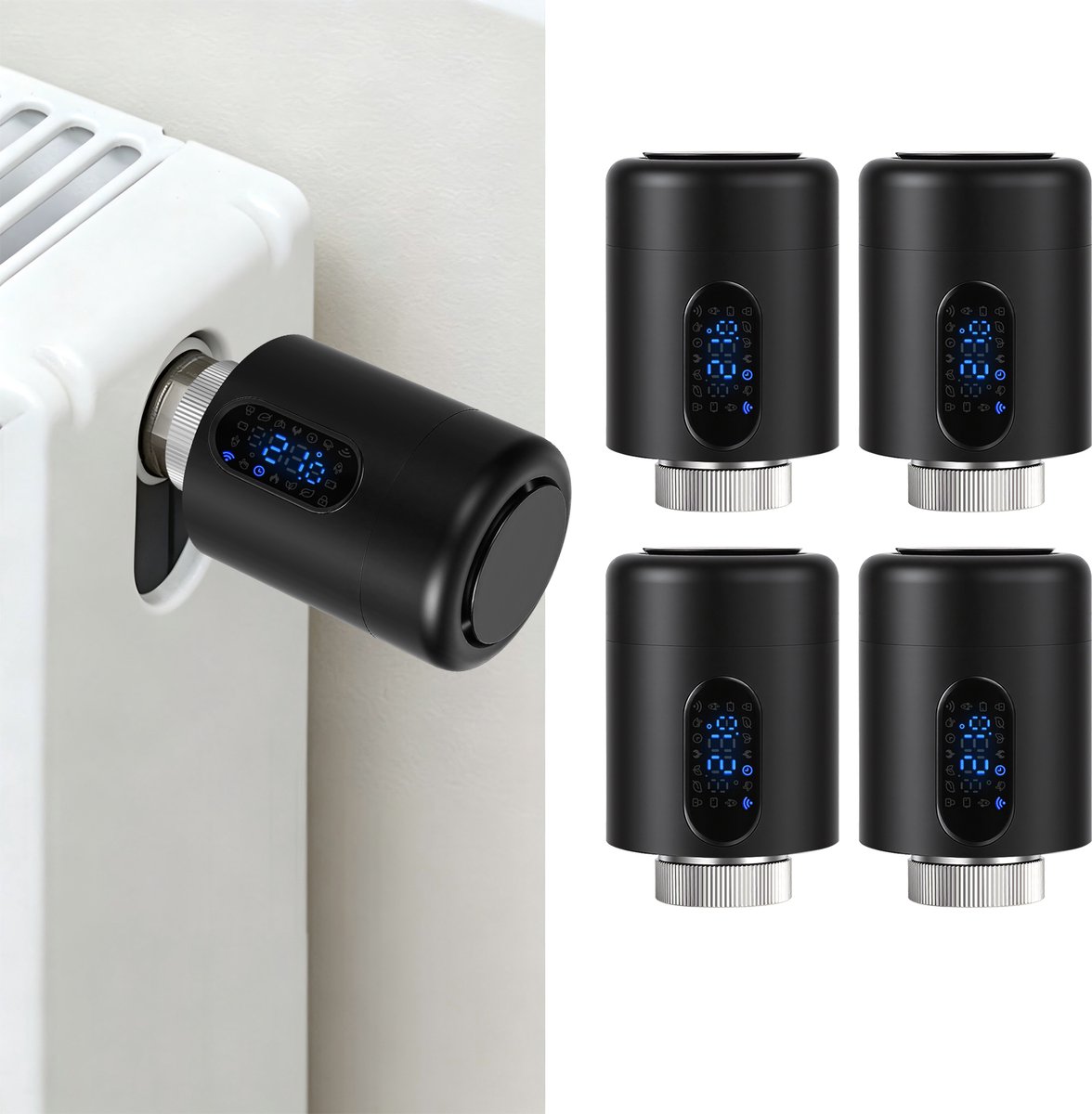 Radiator Thermostaat WiFi – Raamdetectie, Vorstbeveiliging en Kinderslot – Zwart – 4-pack
